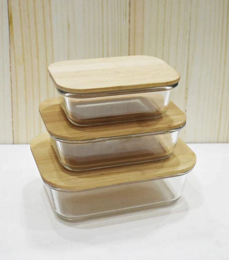 3 pcs Glass Food Container With Bamboo Lid RY0414
