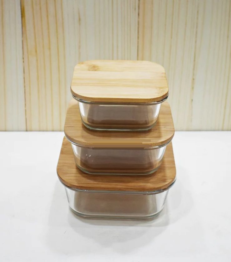 3 pcs Glass Food Container With Bamboo Lid RY0415