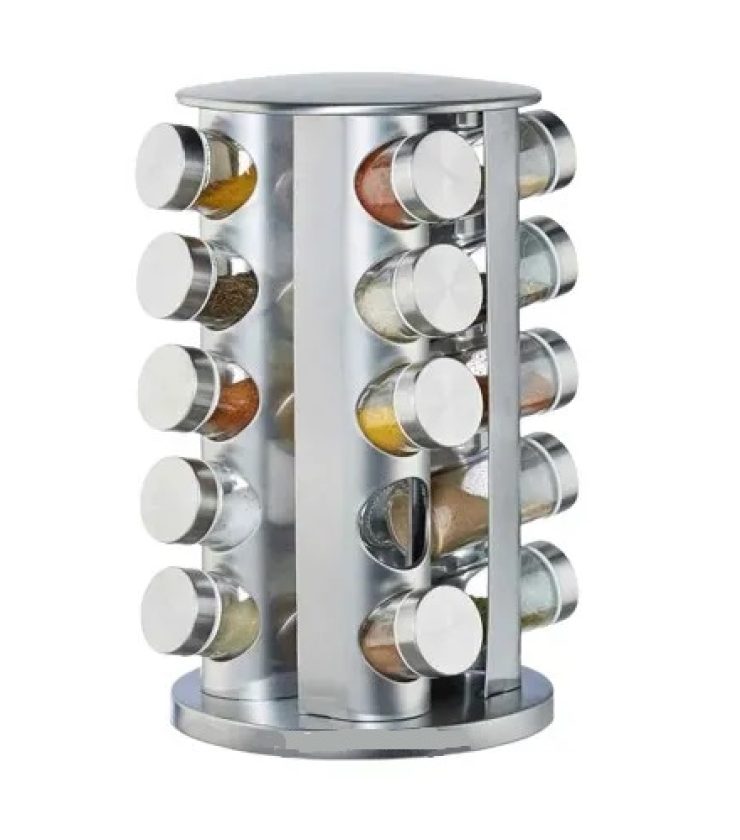 Spice Glass Jar with Revolving Holder Pot – 20 Pcs – Silver